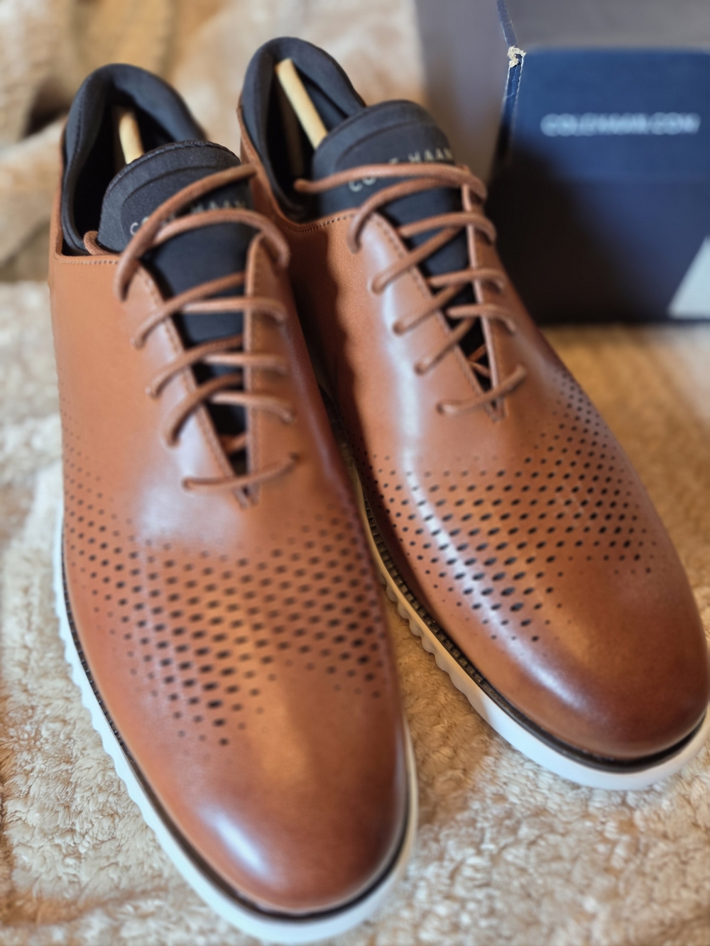 Cole Haan Men’s Brown Leather Perforated Derbys with White Sole - Picture 2 of 6